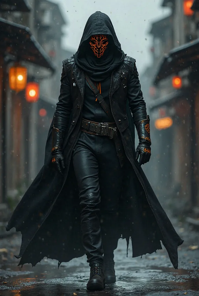 A hooded assasin, black clothes with orange features and a mask similiar to Silksong's