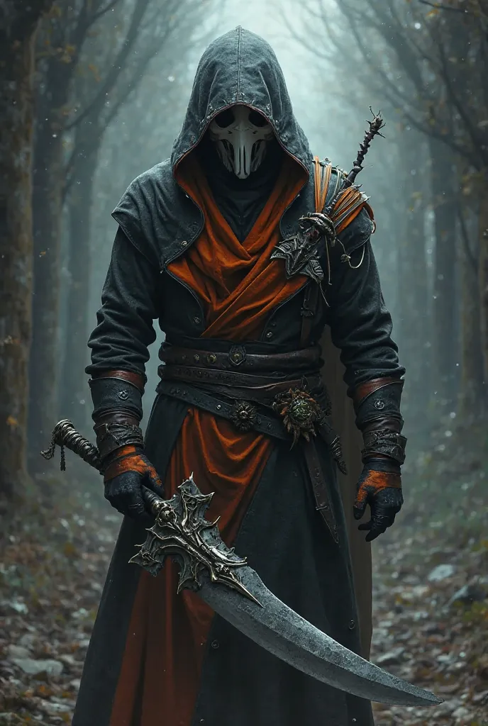 A hooded assasin, black clothes with orange features and a white mask similiar to Silksong's, holds a special knife fused with scythe