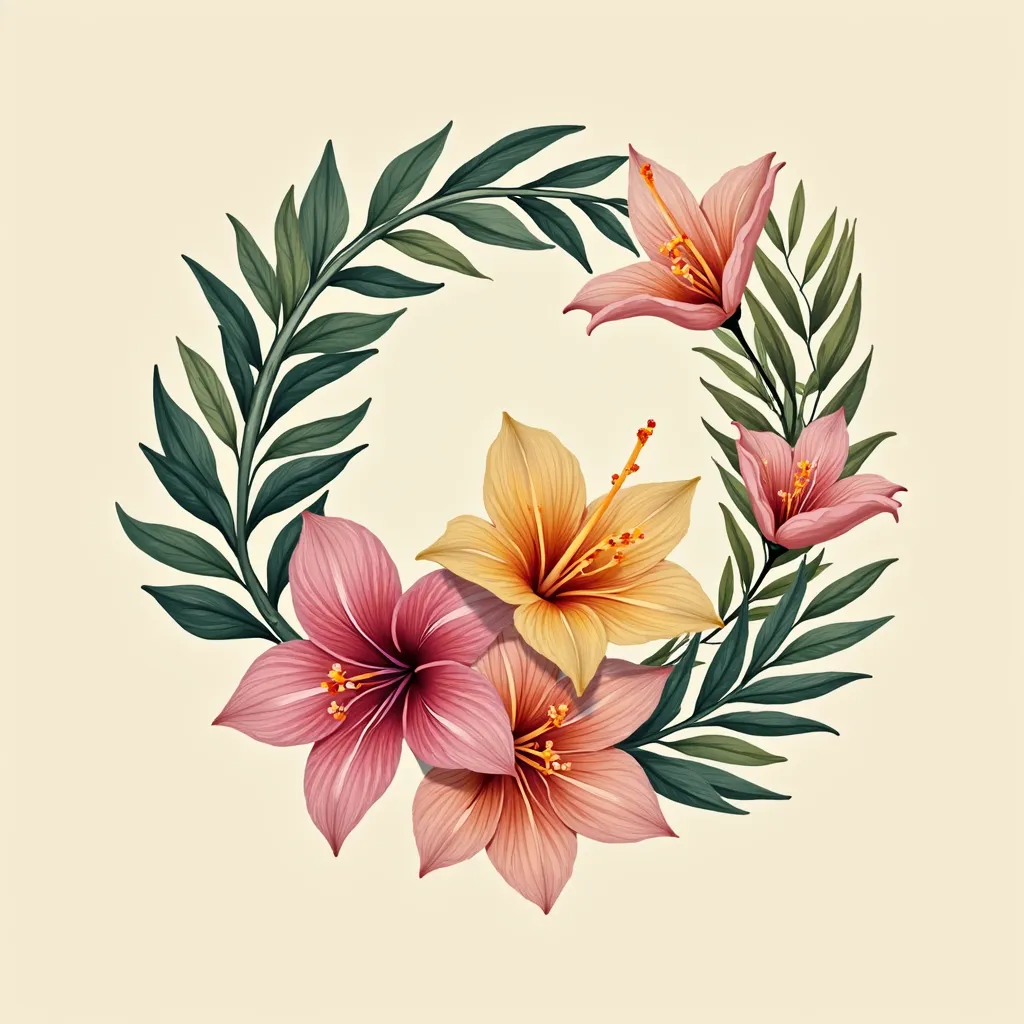 a close up of a logo with flowers on a beige background, tropical style, clima tropical, elegant tropical prints, (Tropicalismo), Tropicalismo, Tropical forests, plantas e Tropical forests, tropical atmosphere, tropical,  accessories, Tropics , tropical ba...