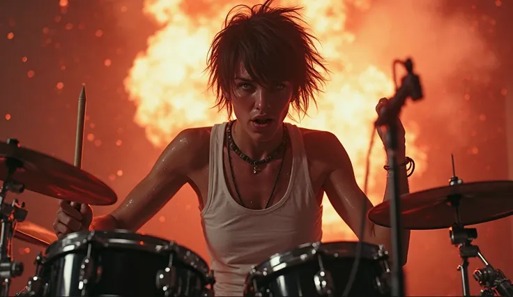 full punk-rock stage mode:
The drummer with short hair, wearing white tanktop, is furiously smashing drum.