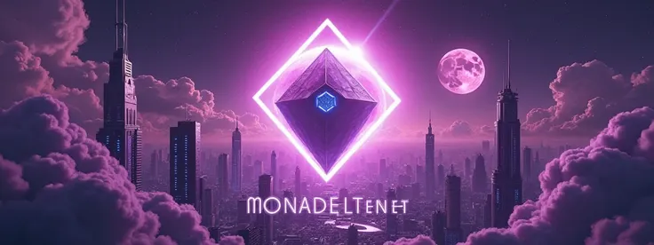 A futuristic cyberpunk cityscape with towering, dreamlike buildings glowing in deep purple hues. A massive, mysterious diamond-shaped cube structure floats at the center, radiating energy. The sky is filled with swirling purple clouds and a glowing purple ...