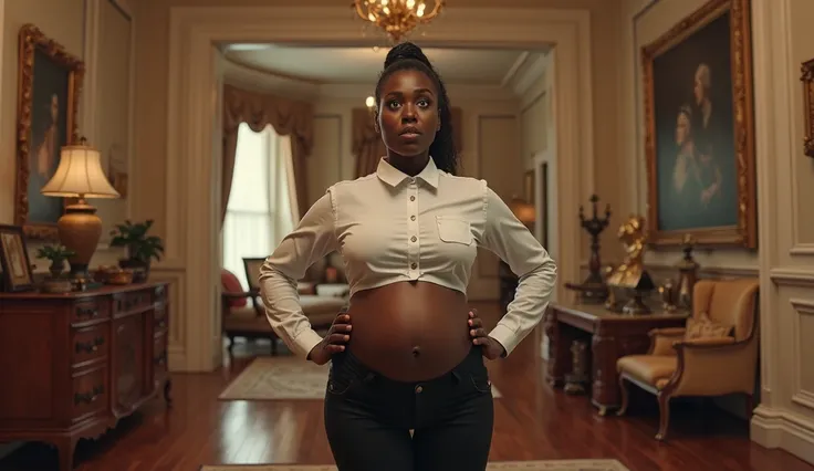 generate deeply shocked black pregnant woman dressed as a waitress with ponytail standing  in the luxury house 