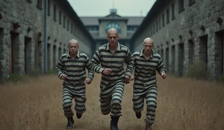 hyperrealistic fullbody photo of three very different 18 years old bald convicts in very dirty and worn black and white horizontally striped prisonjumpsuits escaping an very dark and high oldfashioned prison by running on a dry meadow, very different unsha...