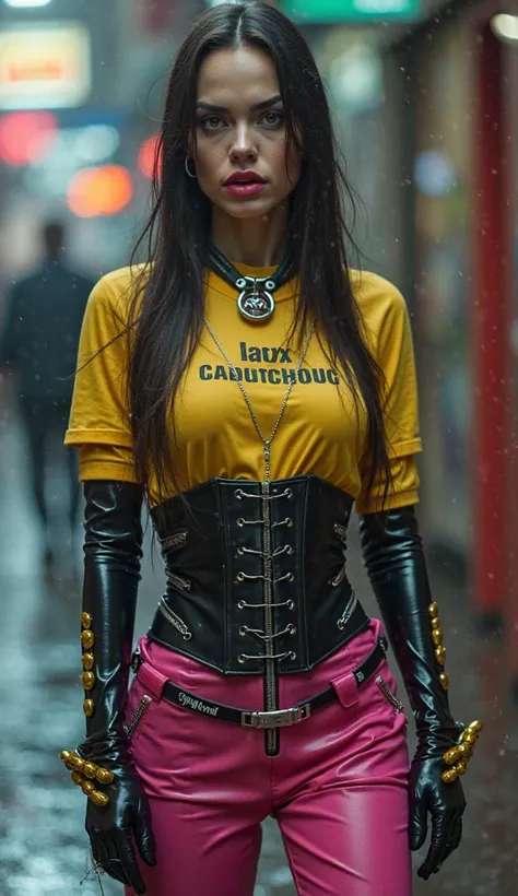 angelina jolie, latex, pétillant, mouillé, cyberpunk, MÉTAL, portant une combinaison en latex noir, gants en latex noir avec de longues ongles jaunes, heavy MÉTAL corset neck with big MÉTAL ring, porté par-dessus la combinaison, un t-shirt en latex jaune a...