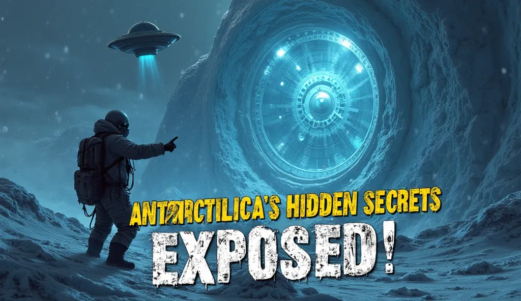 A mysterious, icy landscape of Antarctica with a massive hidden structure buried under the ice, partially revealed. Glowing blue lights shine from cracks in the ice, hinting at a secret underground base or lost civilization. A UFO hovers above, casting an ...