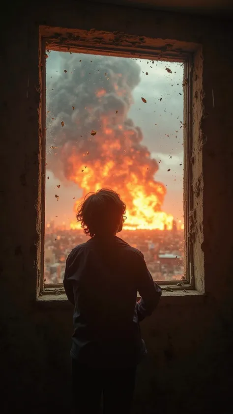 First-person perspective of someone looking up and seeing, through a cracked window, The explosion of reactor 4. A cloud of fire and debris rises to the sky, as heat waves and shock make the vision shake violently