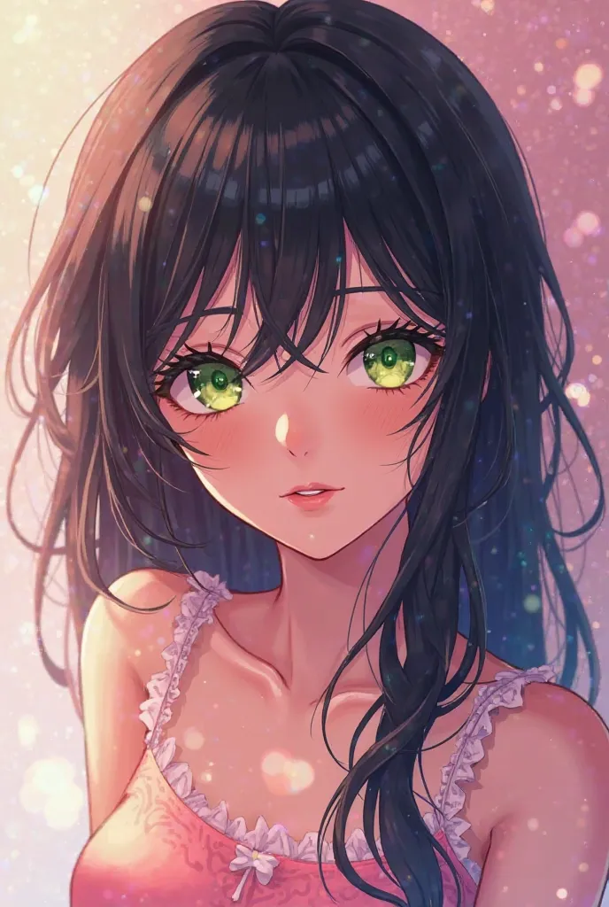 I want a picture of black hair, green eyes and a light pink background that will be an anime character 