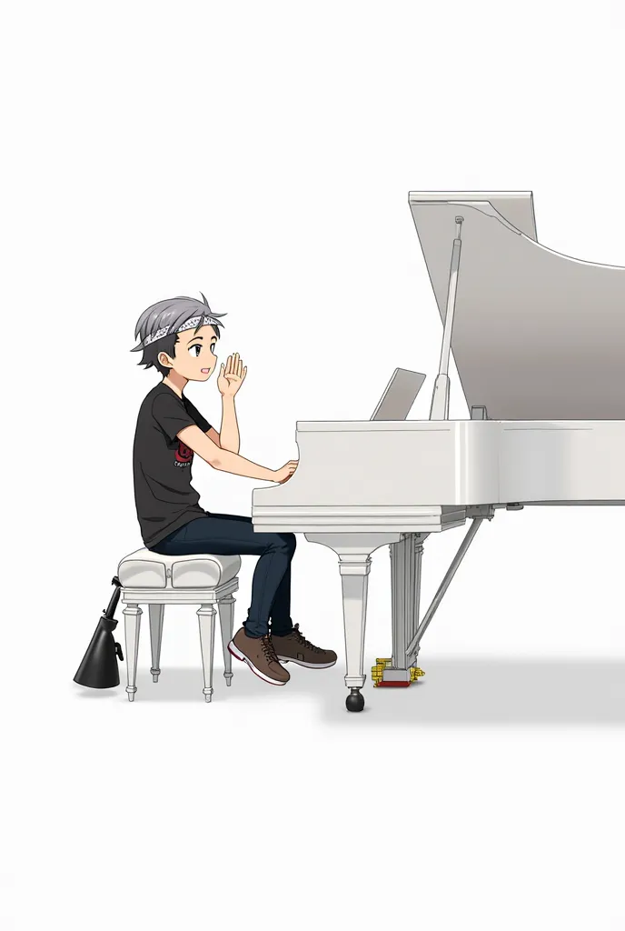 White and wide background, Bandana snapback, short cut gray hair, Japanese Anime, boy,white grand piano, Sitting on a piano chair,피아노와 반대 방향으로 앉아있음, Sitting opposite the piano with both legs extended,  happy smile, My eyes are smiling, Hands are greeting, ...