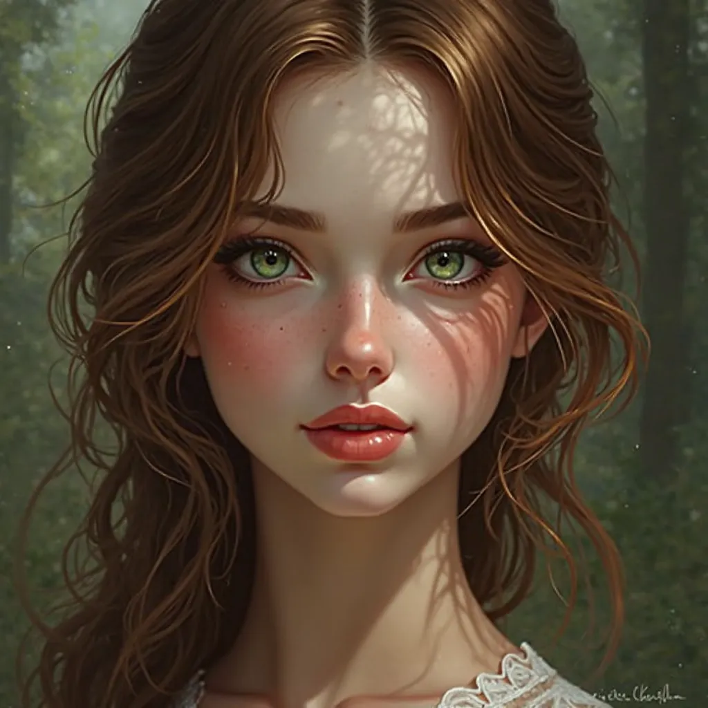 brown-haired, green-eyed woman, she is beautiful