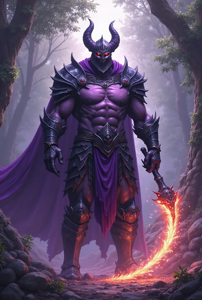 A tall and large knight of darkness, his chestplate revealing his bare chest on the top section, purple skin, with 2 horns on his helmet, no visible face, and a long fiery whip as weapon, realistic style, purplish tones, forest background.