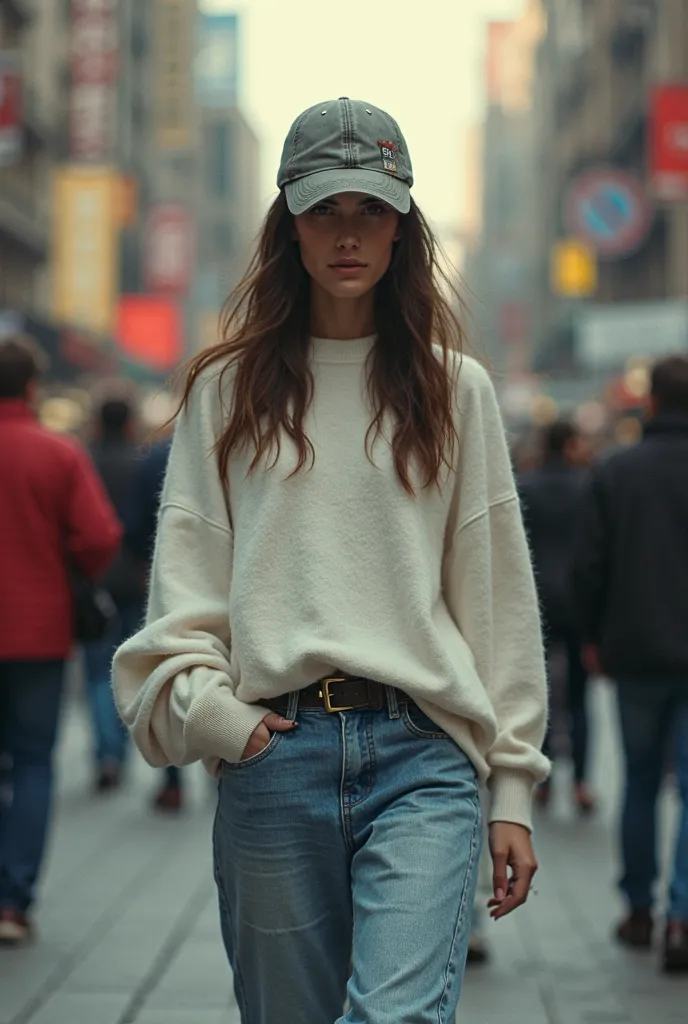 A woman with baseball hat wearing jeans and white oversized sweater, looking down without her face visible and walking down a busy street