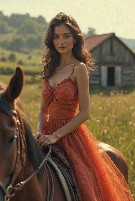 Create an image of a beautiful woman riding her  and her eyes are brown she is sexy in a 60's dress in the background is a farm 