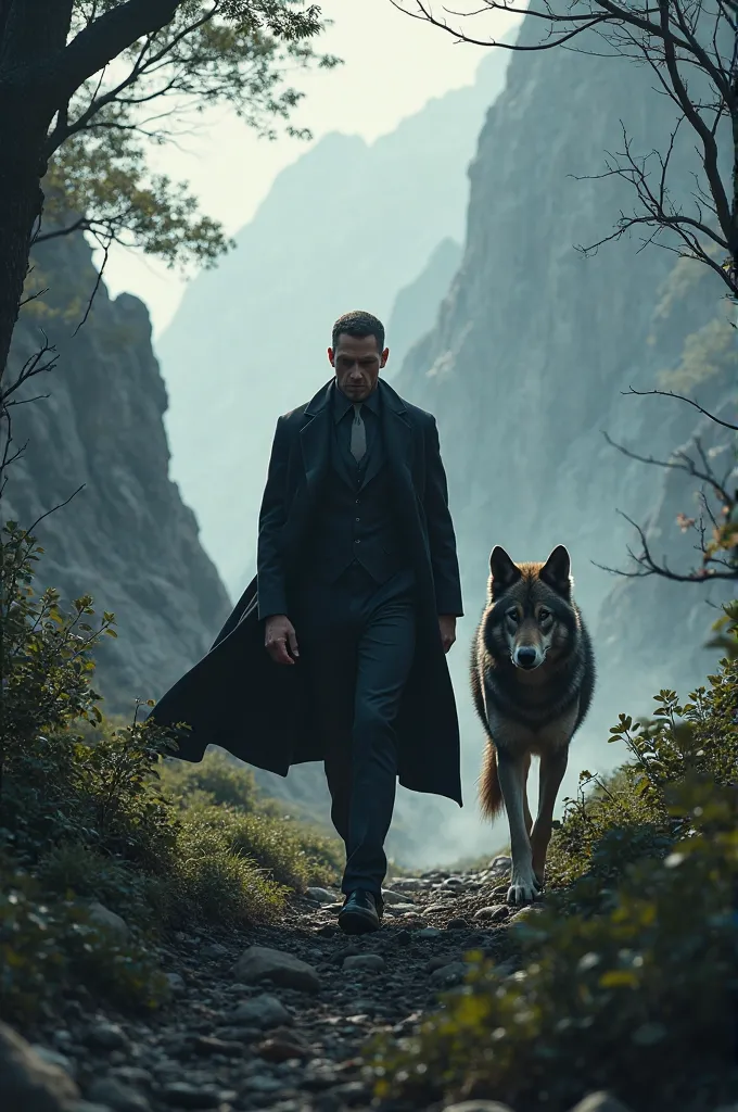 A man dressed in a black suit walks with a wolf