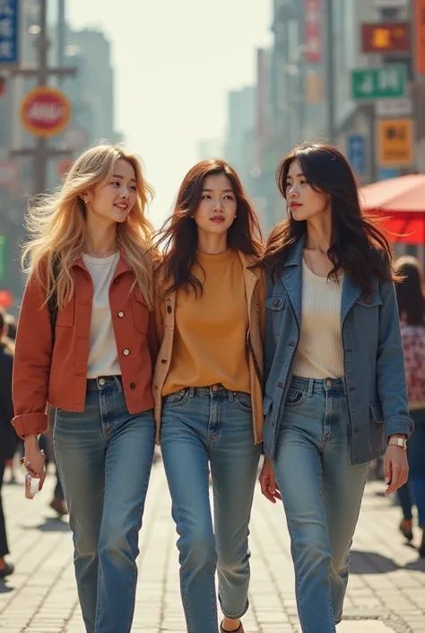 Three Korean girls walking together one is blonde hair second is brown hair and third is black hair 