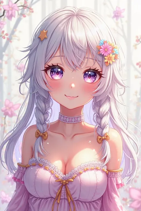 MIYA, 18 YEAR OLD GIRL WITH WHITE HAIR, GOLDEN HIGHLIGHTS, LARGE PASTEL PURPLE EYES AND CUTE FACE, LONG WAVY HAIR WITH PONYTAIL BRAID IN 2 SIDES, FULL BODY A CUP BREAST ANIME