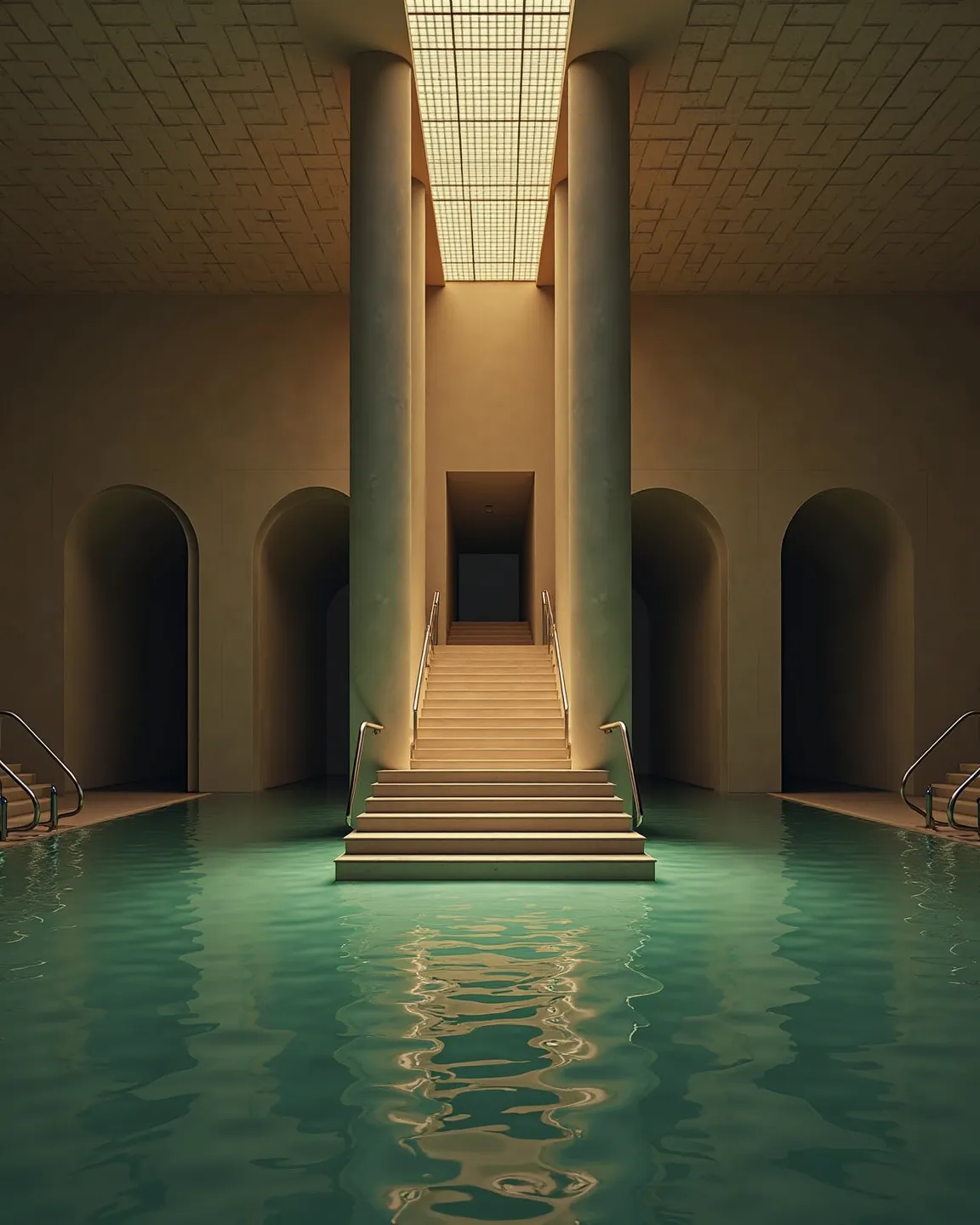 This image depicts a surreal and liminal space that combines elements of a swimming pool with monumental architecture. At the center, a narrow, symmetrical staircase ascends between two massive columns, illuminated from below by a warm light that contrasts...