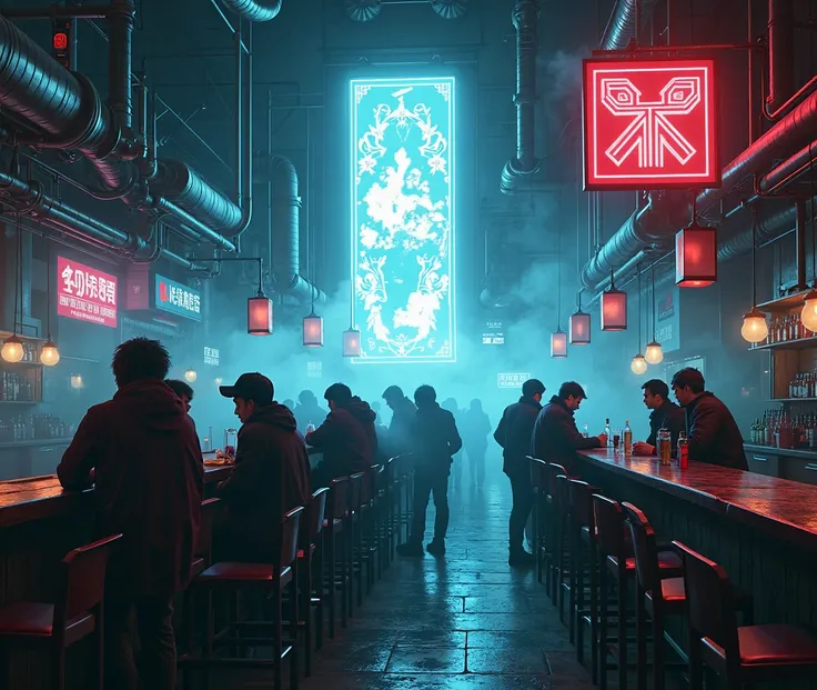 Anime style, cyberpunk bar,  black, Gray, blue, rot, white, Neon lights, dark, grim, large holograms