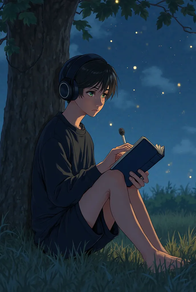 Straight haired Latino boy with a scar on the middle of his face  tall sitting on the ground resting behind a tree in the bright night in a field and that the boy is listening to music while he is drawing in a dark blue notebook and that the boy is wearing...