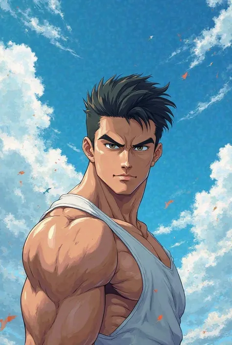  Anime style. anime man, 30 years old.  black hair.  in full.  clear day , blue sky from above. One in the picture. Man fights.  serious face 