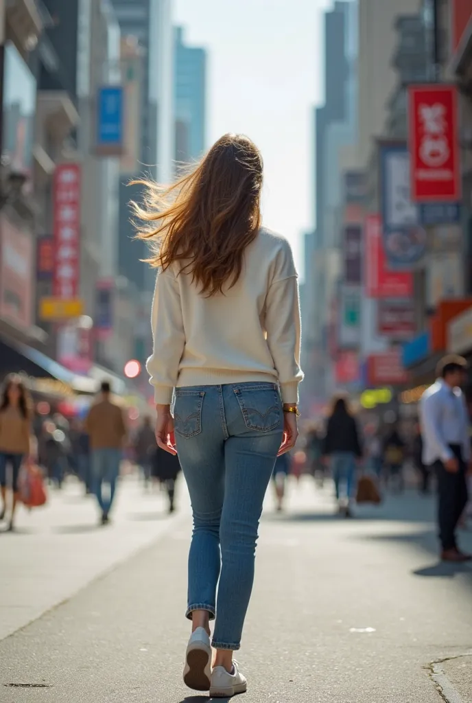 A woman with light brown long hair, walking on a busy street with her back, wearing white sweater, jeans and trainers  