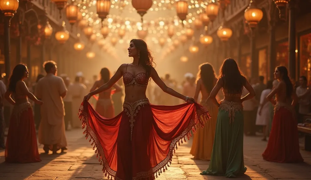 "Ek Arabic bazaar ke silent early morning ke waqt, paanch gorgeous belly dancers apni adaaon se bazaar ko roshan kar rahi hain. Unke ornate belly dance costumes, teasing smiles, aur sultry expressions seductive magic create kar rahe hain. Peeche hanging la...