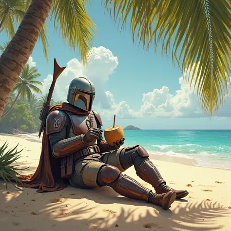 The Mandalorian sitting on the paradisiacal beach holding a coconut with a straw. 