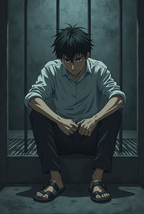 A man being sad or guilty in jail, sitting and looks lonely. Anime style