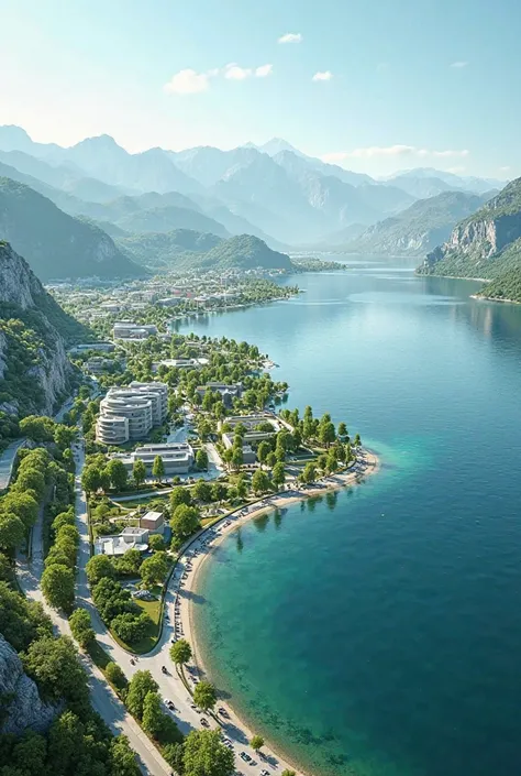 Clean video , green eco-city located next to a large lake , the lake and the city are surrounded by mountain ranges in the distance