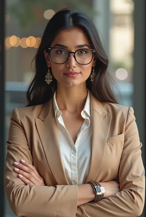 Odia 29 year old lady in Businesswoman style clothes, blaser marrom claro,nice spectacle, noselet, earrings and bracelet. 