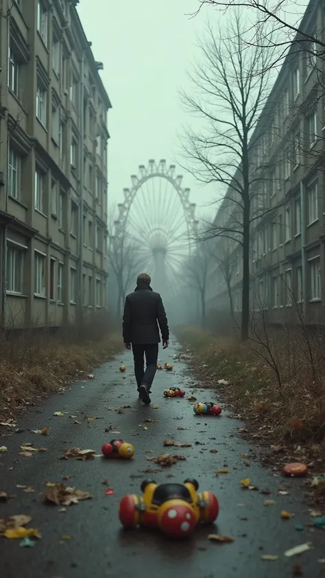 First-person perspective of someone walking the empty streets of Pripyat. Abandoned toys on the floor, a silent amusement park in the distance, the wind whistling between the buildings. A sense of death hangs in the air.