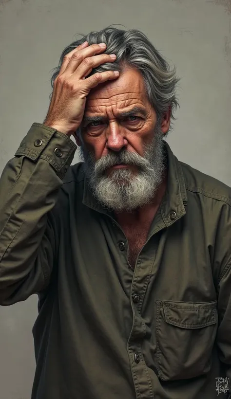 A 35-year-old man with a beard with a dull and tired face touching his head with one hand