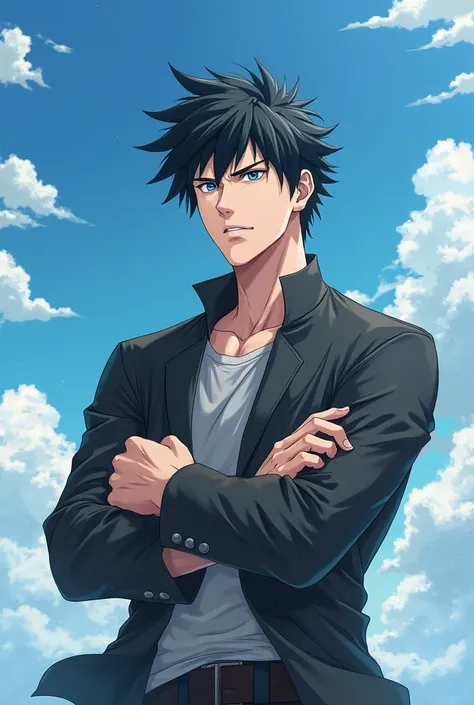  Anime style. anime man, 25 years old.  black hair.  in full.  clear day , blue sky from above. One in the picture. The man takes his fists.  serious face 