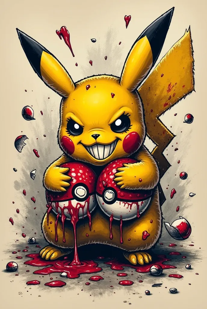 old school style tattoo, evil Pokémon pikachu holds the bloody heads of two Pokémon, drops of blood drip to the ground, there are broken pokeballs all around 