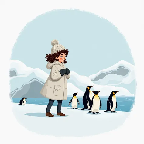 Prompt Description:
A very beautiful 27-year-old girl with curly hair and a light tan complexion, wearing a thick white winter coat, gloves, and a knitted hat, stands on an icy shore in Antarctica. She watches with excitement as a group of penguins waddles...