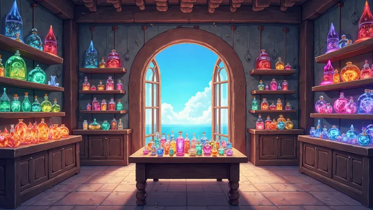 Anime-style illustration of a vibrant and colorful magical shop filled with epic items. The shop is well-lit and showcases multicolored potions, artifacts, and crystals displayed on shelves, walls, and glass cases. In the center of the shop stands a brown ...