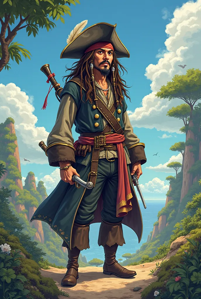 Do the character Captain Jack Sparrow, the art of the image must refer to the art style used by Studio Ghibli, He holds a musket, have a captain's hair and a feather in his hair