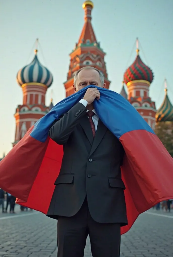 Putin,stands on Red Square, and wipes his nose with the Russian flag,3d,9:16