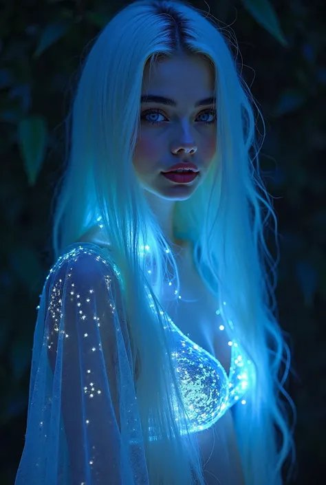 full-body shot of a sexy but short young woman with long smooth straight white hair, wearing just transparent cloth covering her chest that radiates blacklight, hips tilted slightly sideways, head facing camera, no pants, looking at camera lovingly with he...