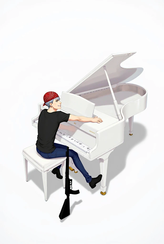 white background,white grand piano,Bandana snapback,short cut gray hair, gray eyes, young man, black t-shirt,Skinny jeans,Japanese Anime,Sitting on a piano chair,Sitting in the opposite direction from the piano,with both legs stretched out, smiley eyes, ha...