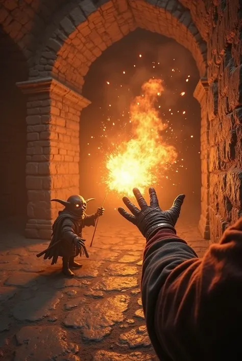  First-person view  (throw) of a wizard throwing a fireball at a goblin in a dark dungeon. The wizard's gloved hands glow with magical energy as the glowing fireball is thrown. O goblin, of bright eyes,  tries to evade , but the flames illuminate the ancie...