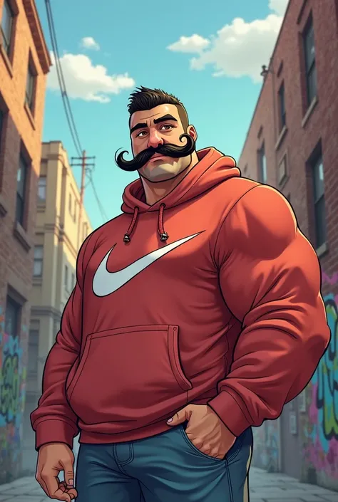 an animated man who has a big big mustache and is strong wears nike sweatshirt and is in a neighborhood surrounded by buildings and graffiti. it doesn't have to be the whole person in the picture because I need it for the profile picture of selling clothes...