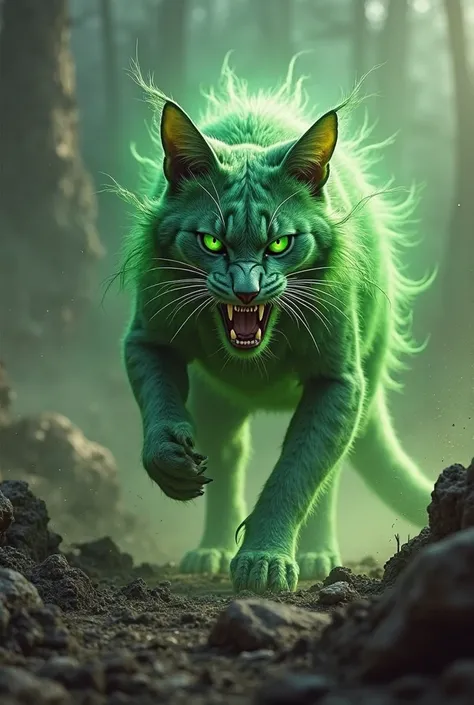 Make me a picture of a green cat that is in combat mode