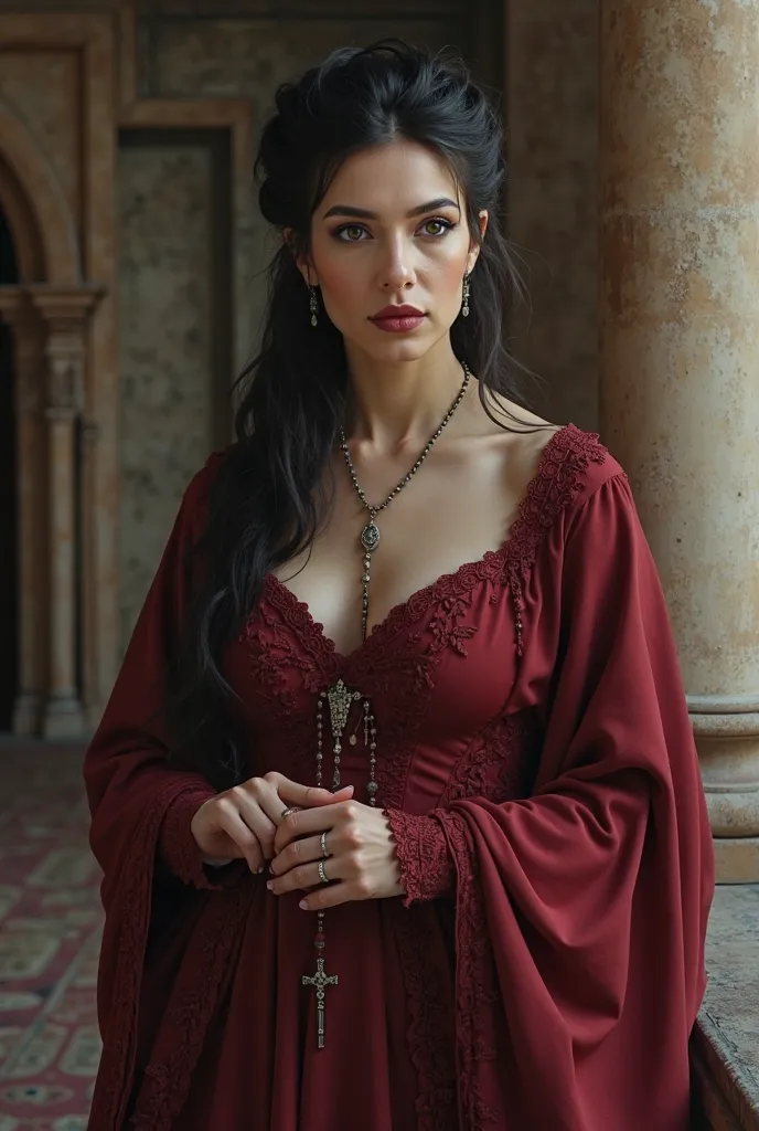 Lady Macbeth in a red dress,de noble medieval, a rosary hanging around the neck, light leather balcony,  dark hair,hair up 