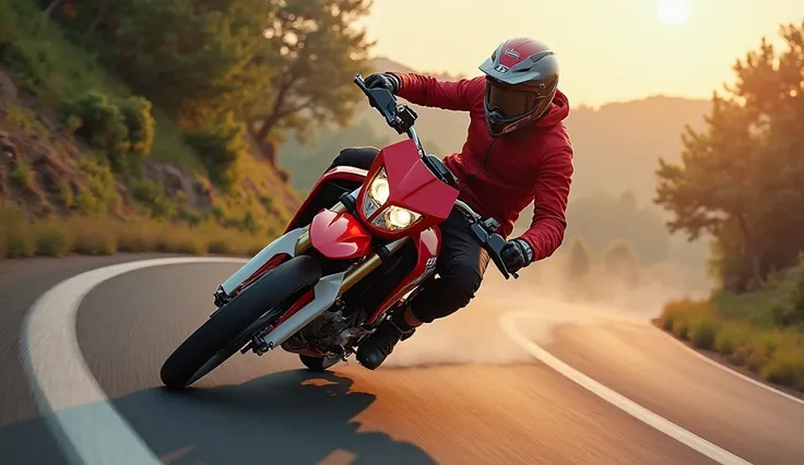 Astunningly realistic image of a 2025 (Honda CRF 300L dirt bike), captured mid-corner during a high-speed ride. The (red shiny) motorcycle is sleek, shiny, and emanates power and performance. The rider expertly navigates the curve, showcasing the impressiv...