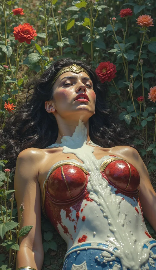 Wonder woman lying on ground, joker finger's inside wonder woman mouth , wonder woman white milk flow from  her face to breast,at flower garden, wonder woman is crying loudly, realistic . 