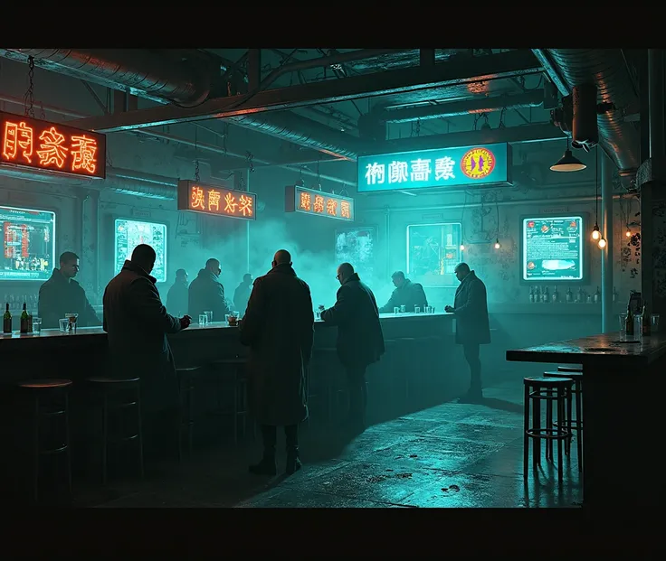 Anime style, cyberpunk bar,  black, Gray, blue, Green, white, Neon lights, dark, grim, hologram, Criminals