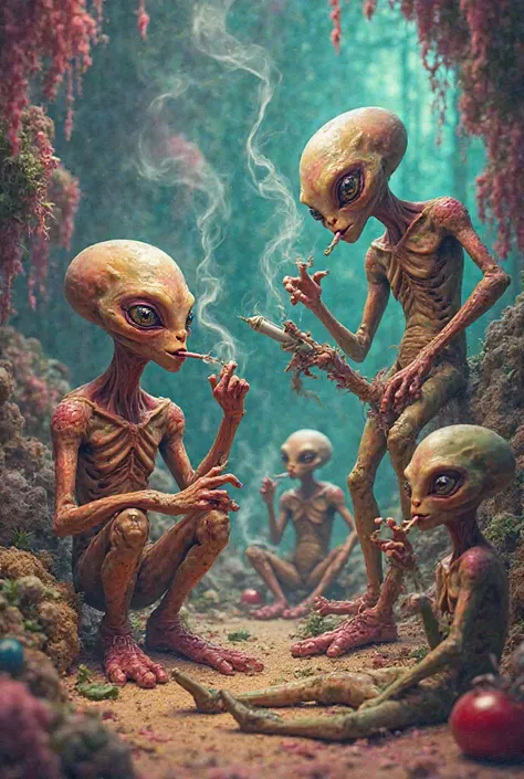 Image of fictional and funny aliens who are smoking marijuana and joints and that is set with drugs 