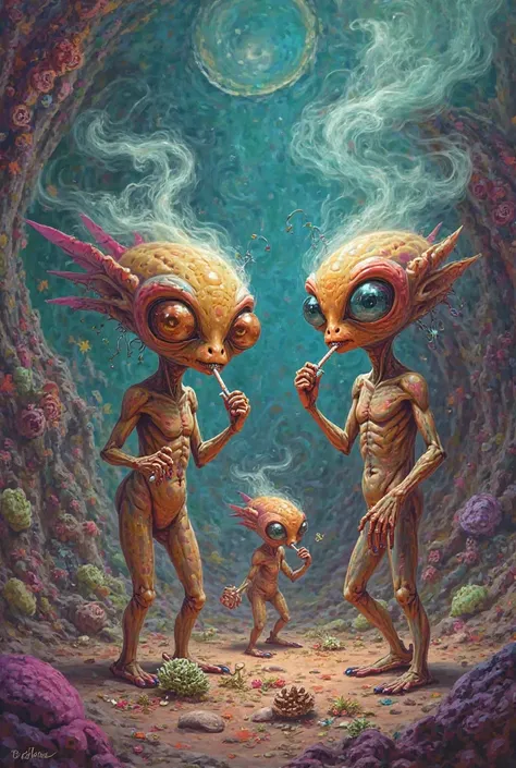 Image of fictional and funny aliens who are smoking marijuana and joints and that is set with drugs 