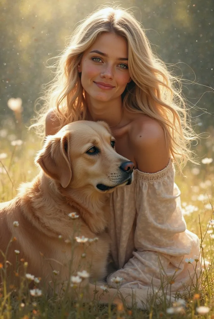 Realistic blonde woman with a dog