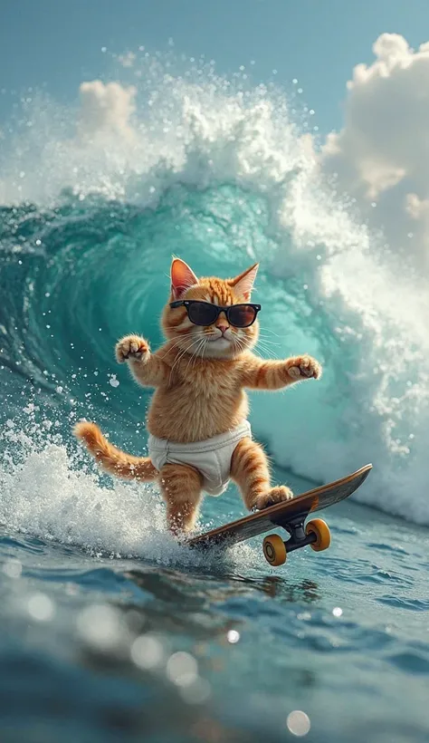 A cat wears diaper and a sunglasses while uses broom as skateboarding at the big waves 